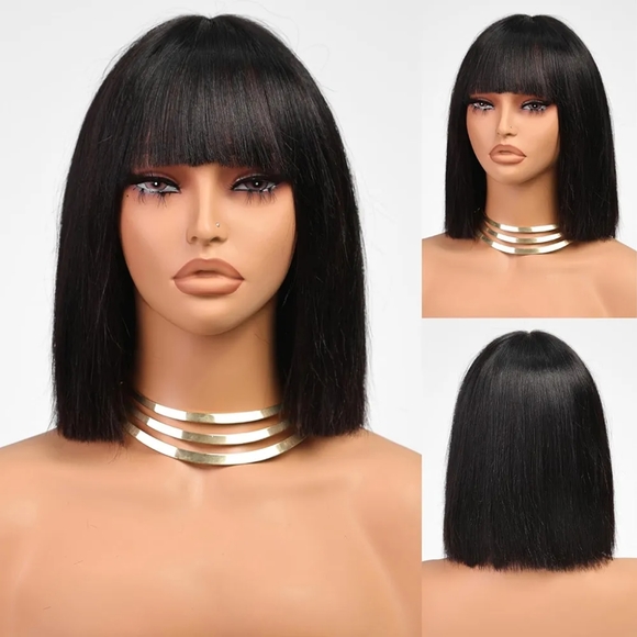 Bob Wig With Bangs Glueless 10 Inch Short Yaki Straight Bang Bob Wig - Picture 2 of 4